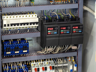 Electrical equipment. Power cabinet inside. Circuit breakers and transformers in electrical panel....