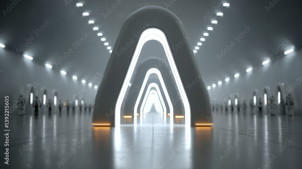 Poster futuristic hallway lined with sequential blue triangular arches, creating a mesmerizing perspective
