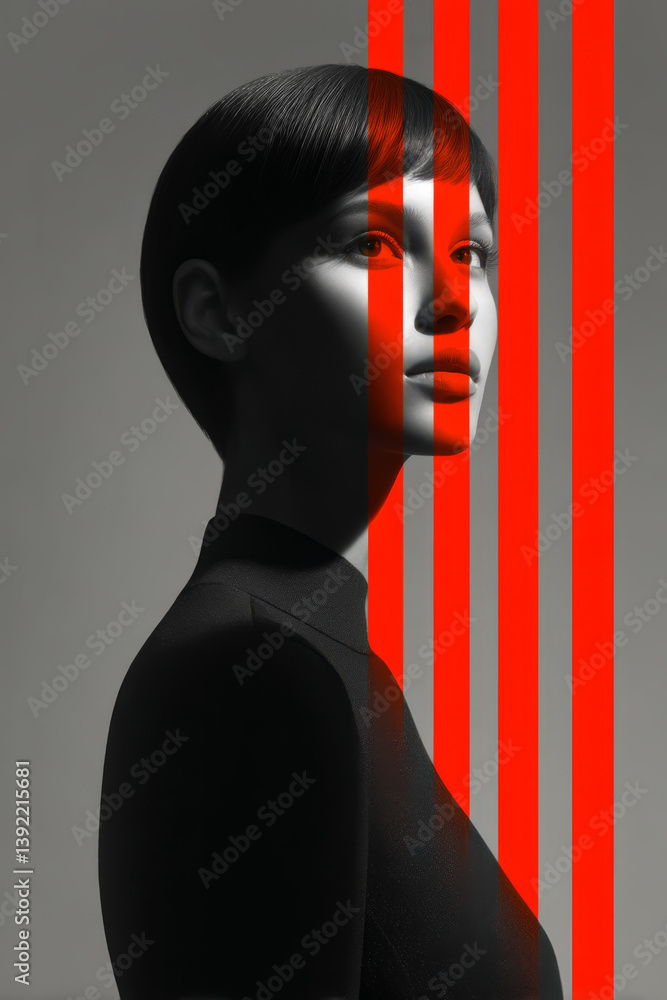 Poster bold modern portrait with sharp red and black stripe overlays, creating a striking visual rhythm