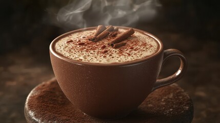 Steaming cup of spiced hot chocolate with cinnamon on rustic wooden background
