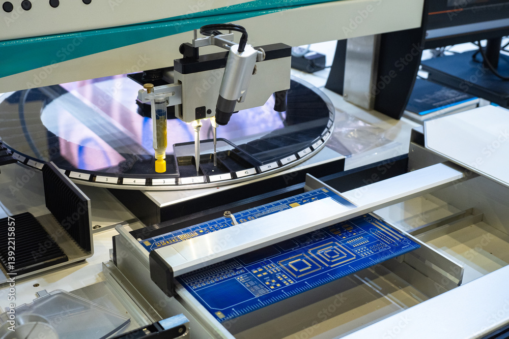 Poster digital circuit board production process. soldering microcomponents on pcb. machine for attaching el