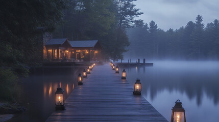 Fototapeta premium serene lakeside retreat with wooden dock and lanterns at dusk