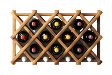 Wooden wine rack holding bottles of wine a rustic display on a white background Simple elegant isolated on transparent background
