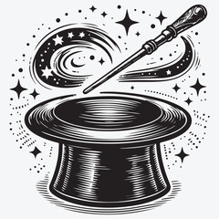 Magic hat and wand. Vector illustration. stock illustration