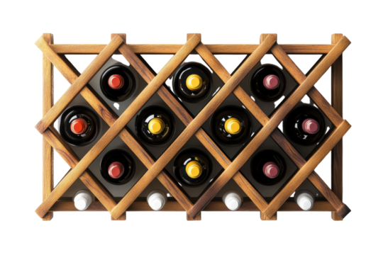 Wooden wine rack holding bottles of wine a rustic display on a white background Simple elegant isolated on transparent background - Powered by Adobe
