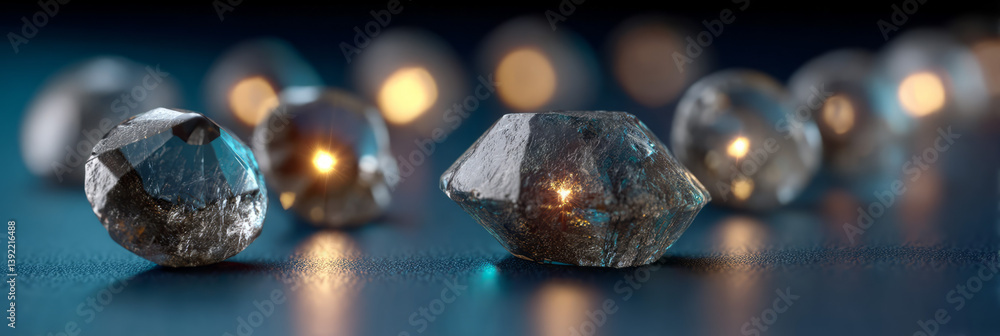 Poster intricate abstract design of clear glass fragments in multiple shapes floating over a rich blue