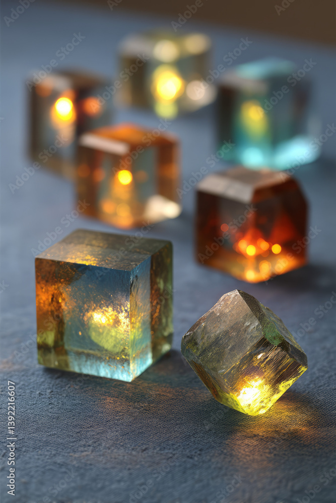 Poster artistic composition featuring assorted transparent glass blocks, each with unique shapes and