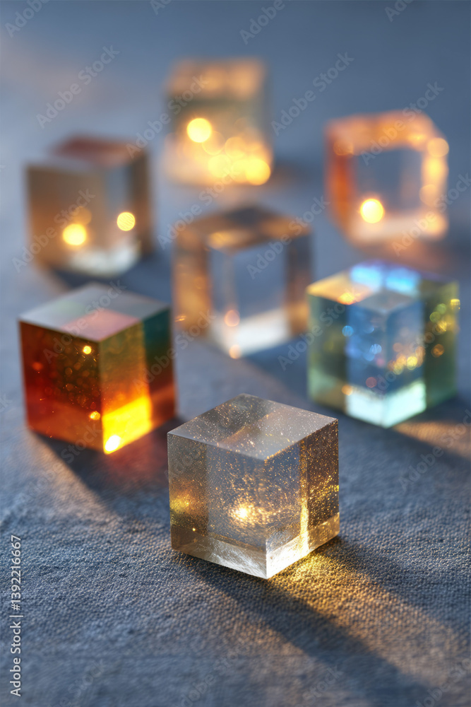 Poster artistic composition featuring assorted transparent glass blocks, each with unique shapes and