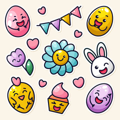 easter sticker set in kawaii style