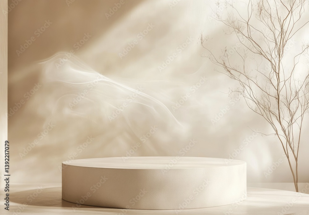 Aufkleber a minimalist round display pedestal set against soft. flowing fabric in warm tones. creating an eleg