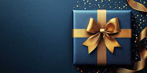 Elegant gift box with gold ribbon bow and golden conetti on blue background, top view, copy space. Luxury Background for Greeting Card for Birthday, Anniversary, Fathers Day, Christmas, New Year