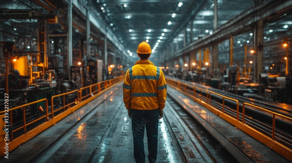 Poster a worker wearing a hard hat and reflective jacket surveys a vast industrial space dedicated to minin