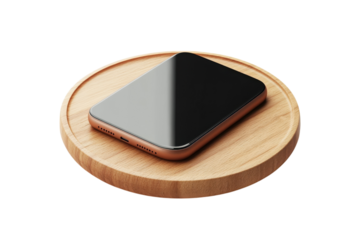 Sleek rose gold smartphone rests on a rustic wooden coaster minimalist product shot clean background isolated on transparent background