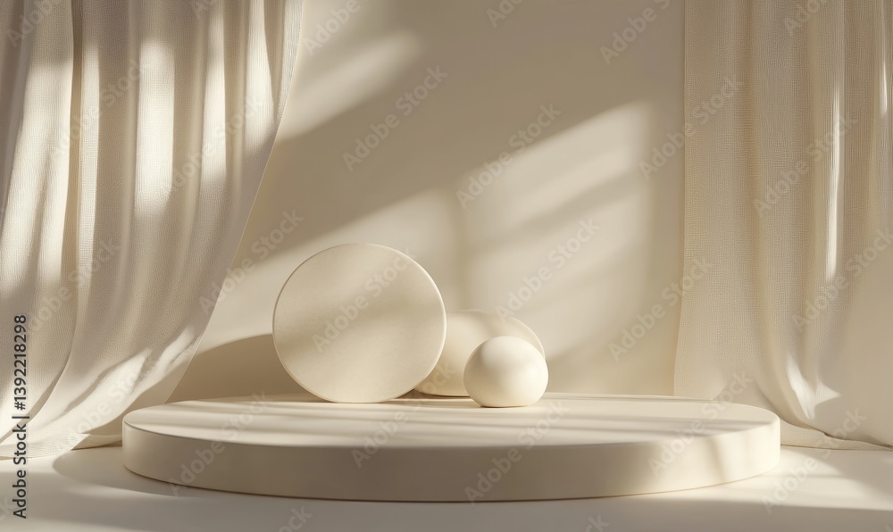 Aufkleber a minimalist interior scene featuring a round pedestal on a soft. textured surface. illuminated by n