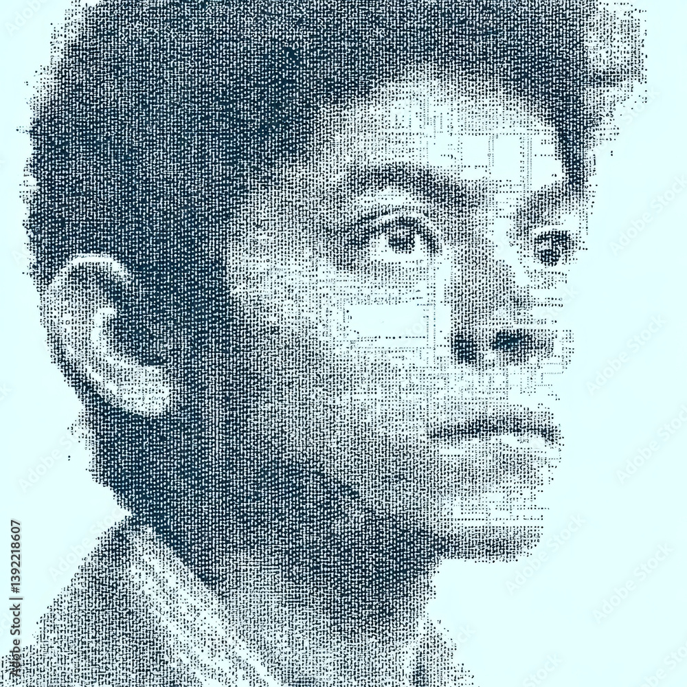 Poster Expressive ASCII art style portrait showcasing a personâ€™s features outlined in text, with the