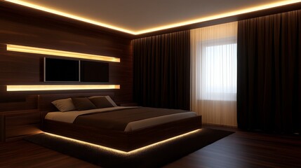 Fototapeta premium Modern Bedroom Interior Design with Warm LED Lighting and Dark Wood Accents