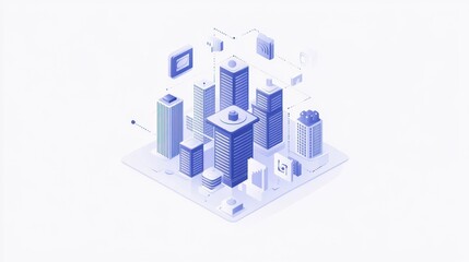 Isometric city digital illustration, interconnected buildings, technology