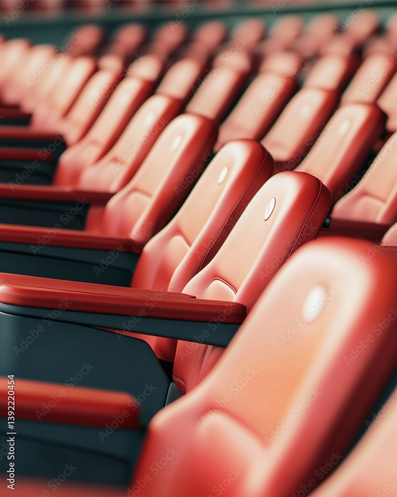 Poster stadium seating: a view of the rows of empty, plush red stadium seating, bathed in even lighting, wa