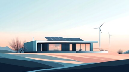 Obraz premium House using solar energy. Wind turbines in the background. Possible for real estate, energy saving themes