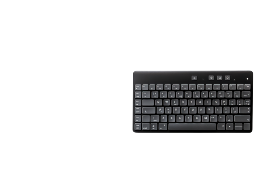 Sleek black wireless keyboard on white background minimalist design simple tech aesthetic clean isolated on transparent background
