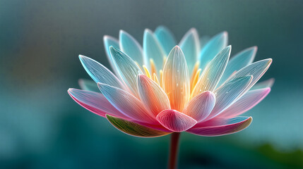 Fototapeta premium An abstract illustration of a lotus flower with translucent, colorful petals and intricate line details against a soft teal and green background.