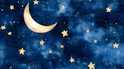 Fototapeta premium Crescent Moon and Stars Night Sky Cartoon Watercolor Seamless Pattern