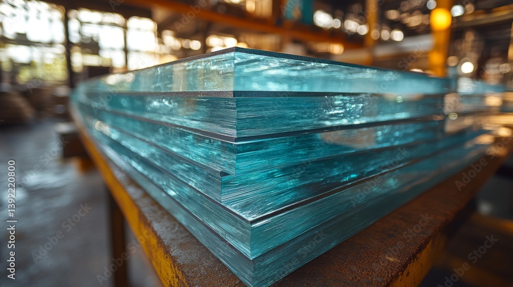 Aufkleber workers are engaged in the production of blue glass sheets made for various applications in construc
