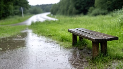 Fototapeta premium Wooden park bench by a flooded path in a rainy forest