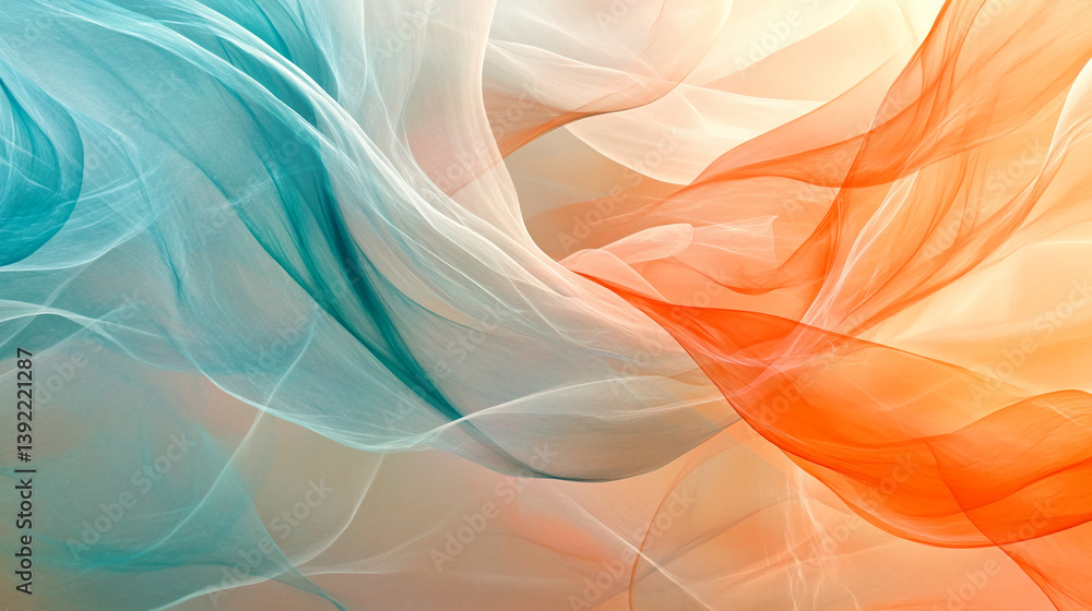 Poster abstract image of flowing teal and orange fabric, creating a soft, ethereal effect, showcasing fluid