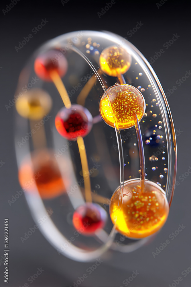 Poster intricate digital rendering of a petri dish containing ampoules and a cascade of vivid, colored