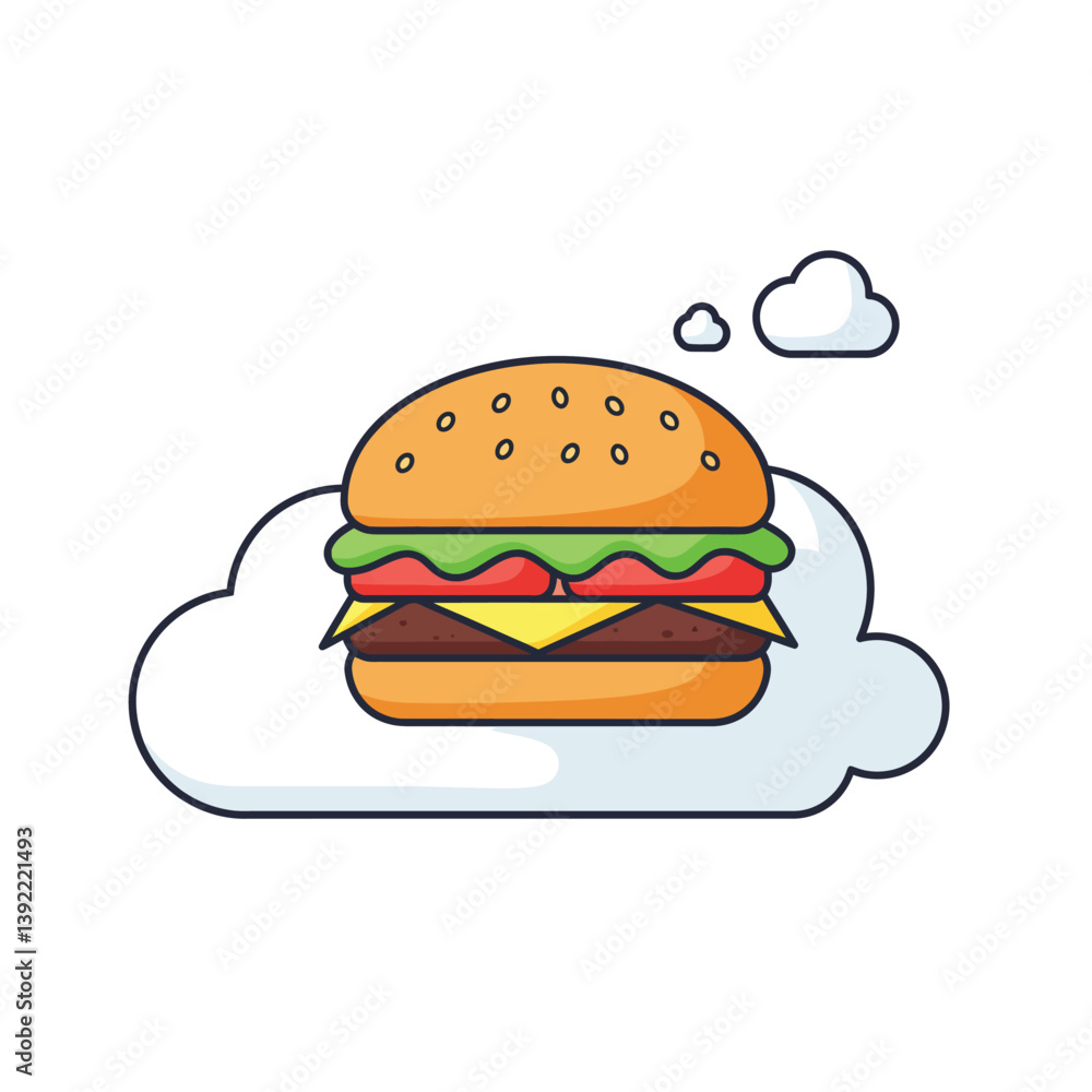 Poster delicious hamburger design in flat style with clouds and thought bubble vector illustration