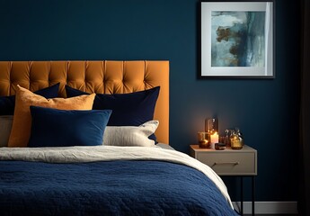 Interior bedroom scene, candles on bedside table under art. Cozy & upscale apartment advert use
