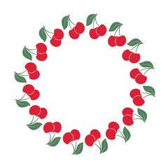 Circular Wreath of Red Cherries with Leaves on White Background