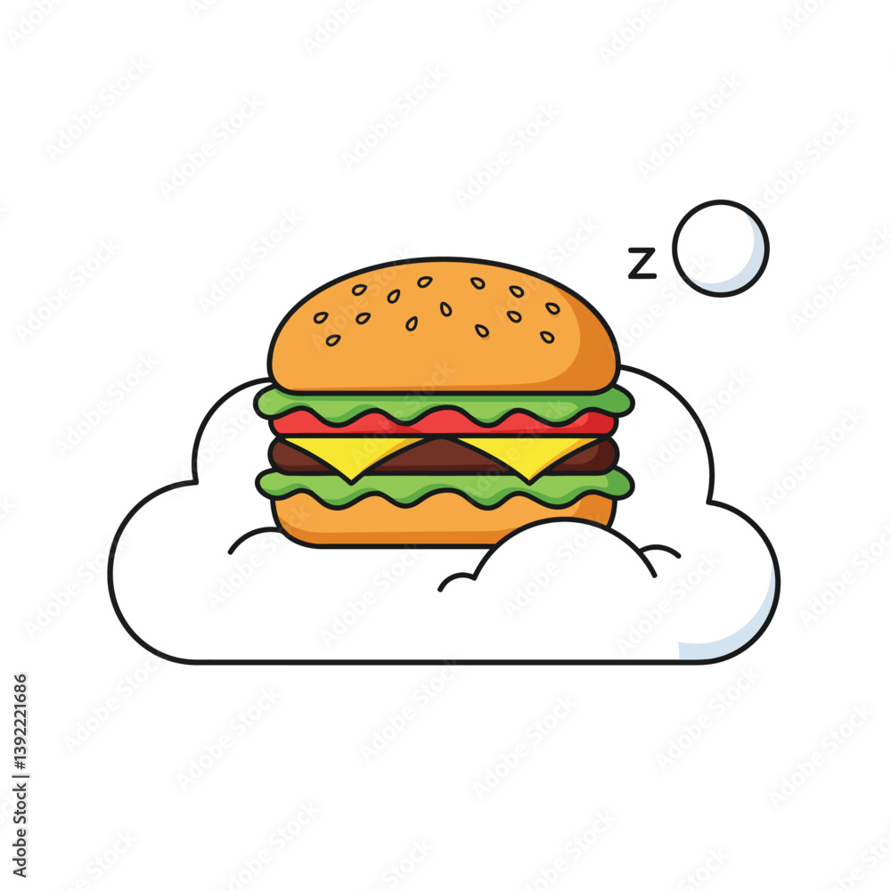 Poster hamburger resting on clouds with minimal design elements in vector art style vector illustration