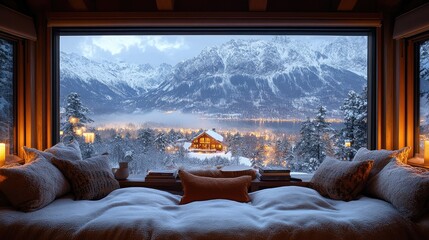Cozy winter retreat with breathtaking mountain view through large window showcasing snowy landscape and warm cabin lights