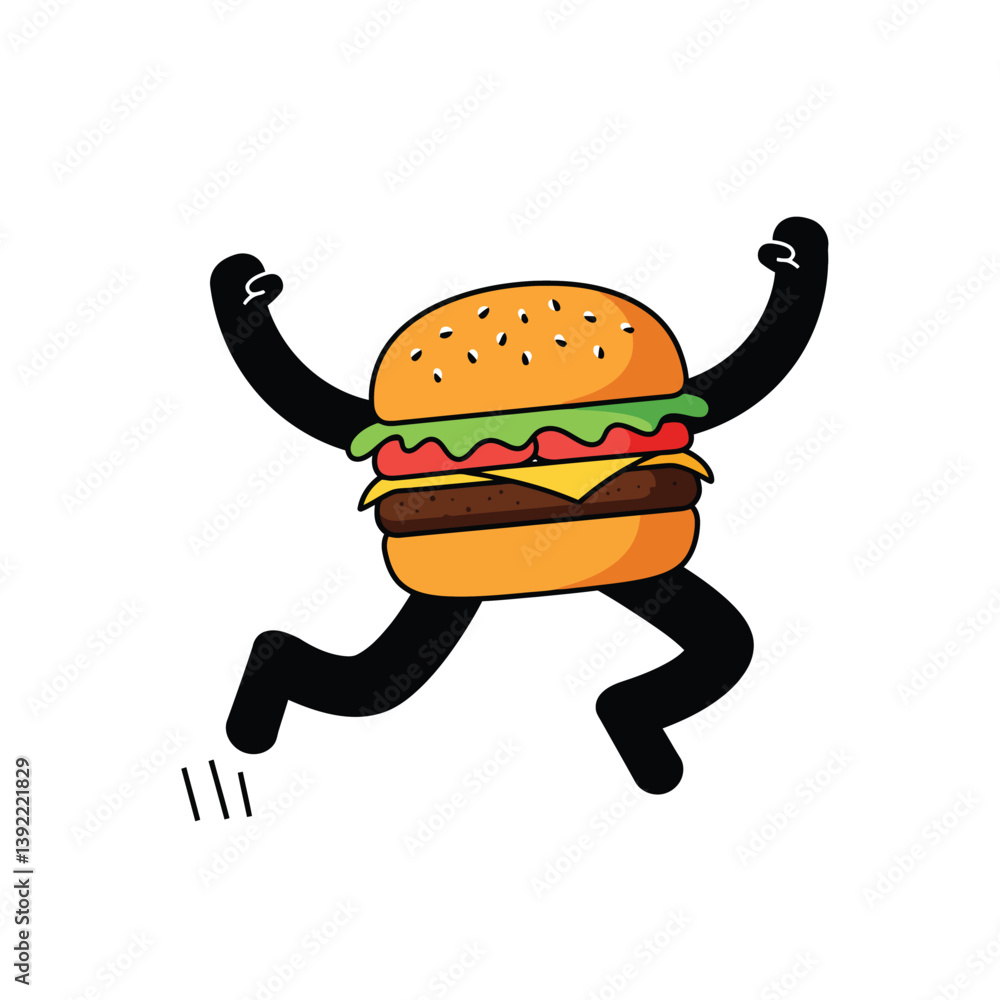 Poster running hamburger character in flat design style vector art