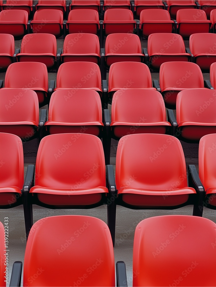 Poster red stadium seats: rows of empty, vibrant red stadium seats, creating a visually captivating pattern