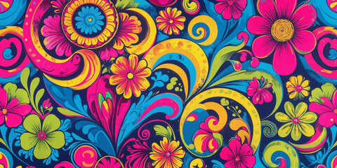 Vibrant Floral Pattern With Retro Psychedelic Style For Textile And Backgrounds