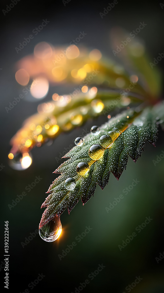 Poster artistic macro view of dew-covered cannabis leaf, emphasizing the interplay of light on each drop