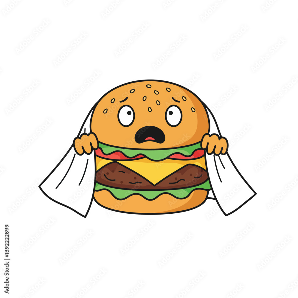 Poster hamburger character expressing surprise with detailed flat design in vector art