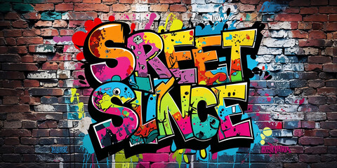 Fototapeta premium Vibrant Graffiti Art Depicting Street Slang On A Textured Brick Wall Background