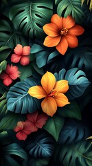 Tropical Leaves & Vibrant Flowers Phone Wallpaper 
 Orange Yellow & Pink Floral Arrangement | Vertical HD Mobile Background