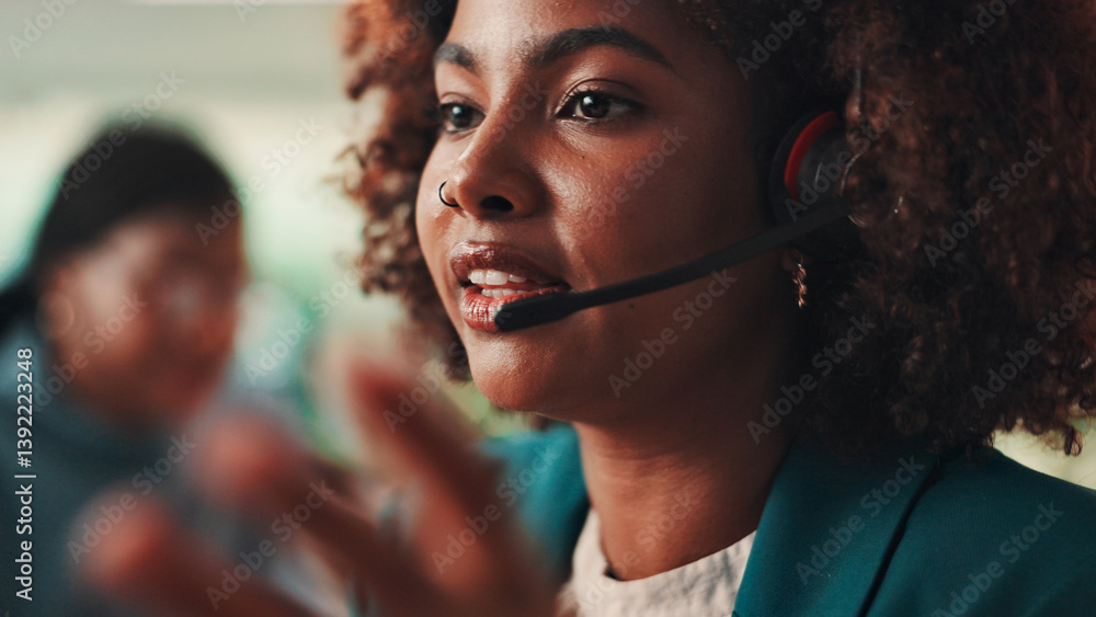 Aufkleber call center, headset and problem solving with black woman in office for assistance, consulting or he