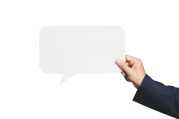 Close-up of a professional hand holding an empty speech bubble.