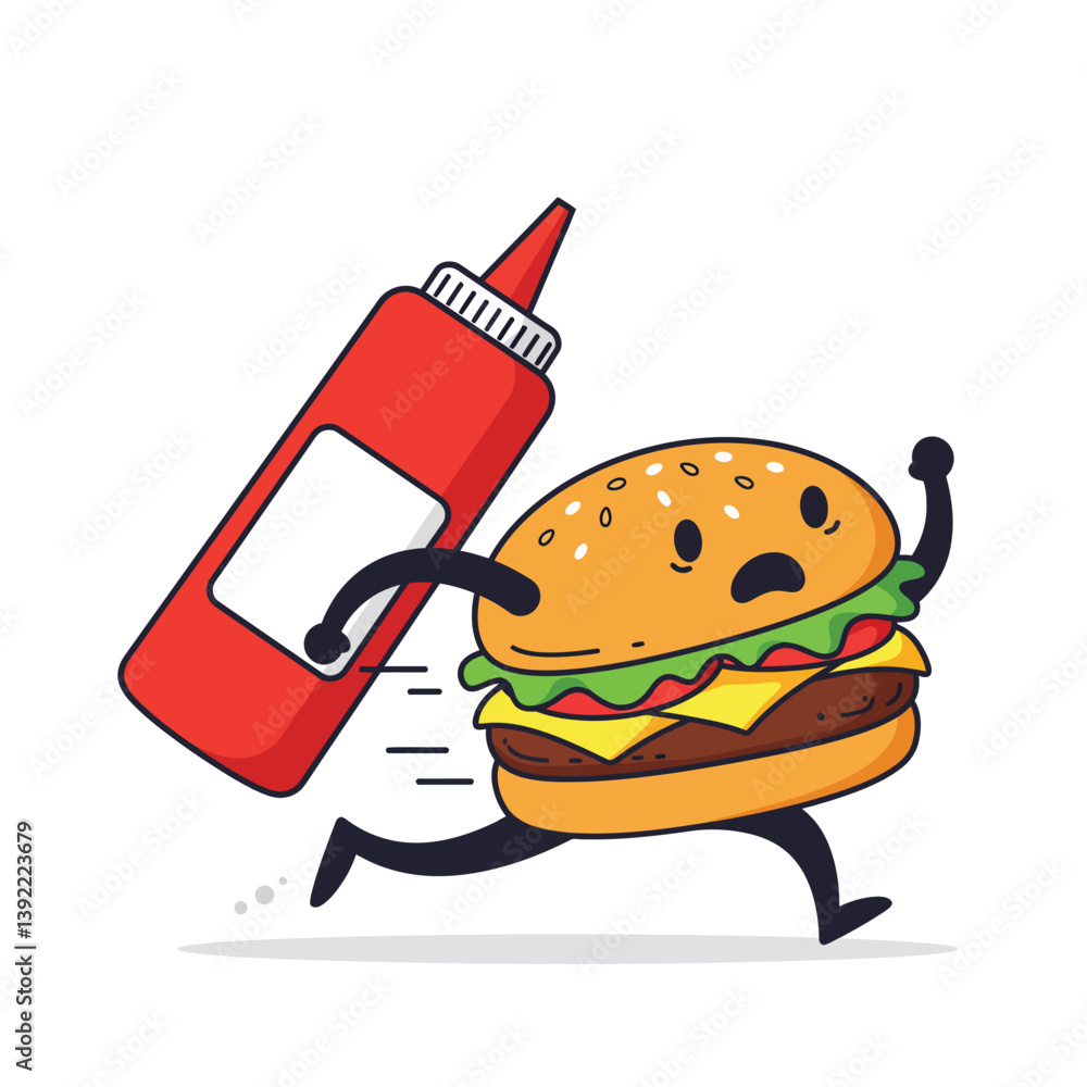 Poster hamburger character running with ketchup bottle in flat vector art