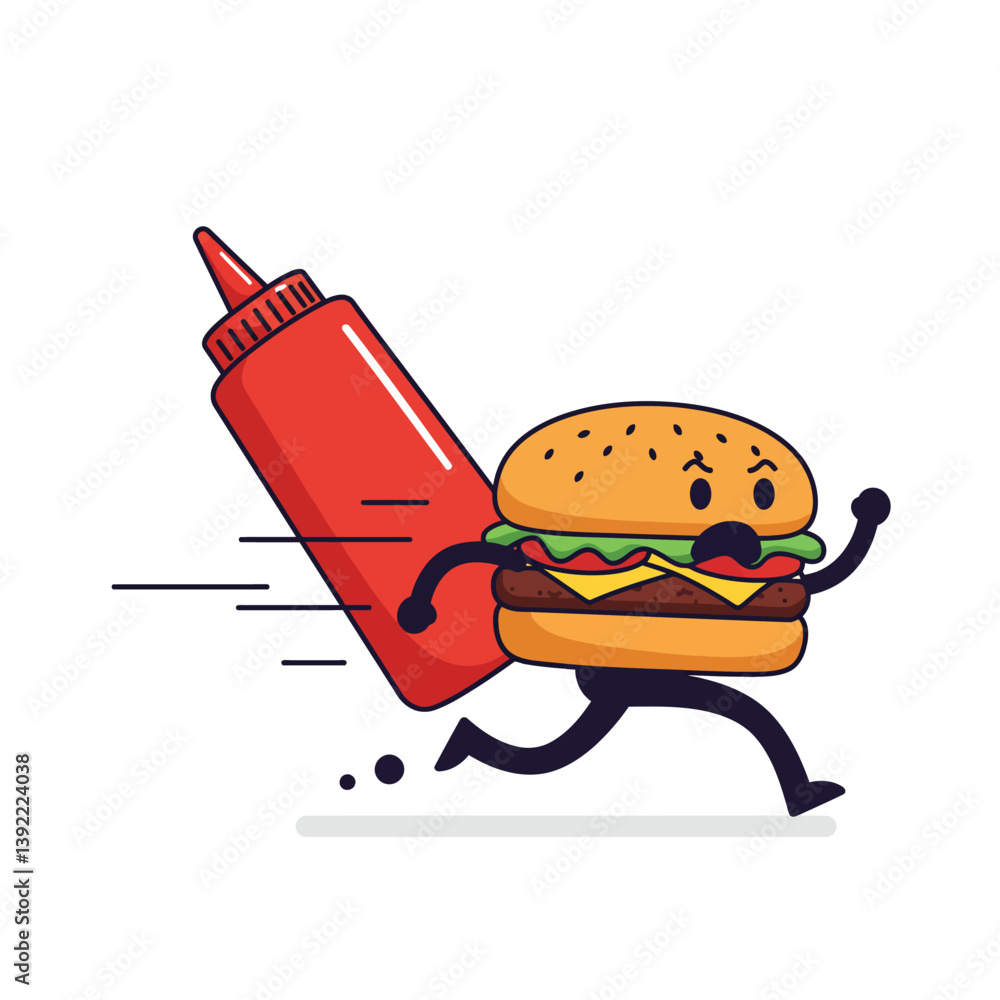 Poster animated hamburger character running with a ketchup bottle in flat vector art