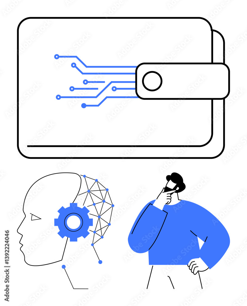 Poster electronic wallet with a circuit, profile representing ai with gear and neural network, thoughtful p