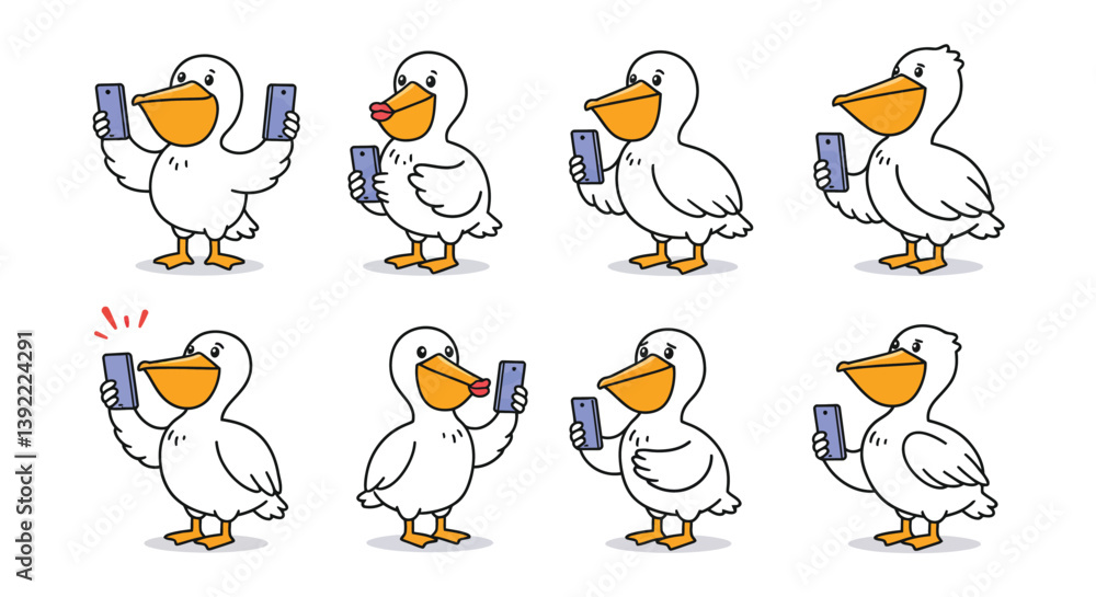 Poster cartoon duck characters showing different emotions in flat vector art
