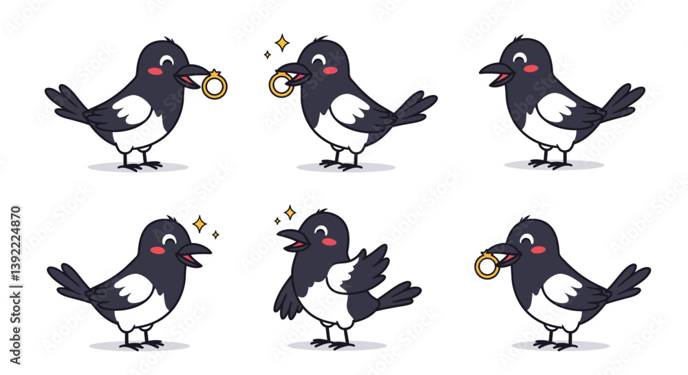 Aufkleber animated birds showcasing joyful expressions and actions in flat vector art