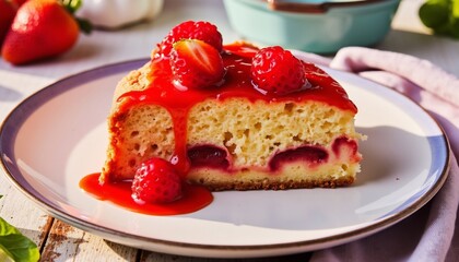 Delicious Slice Of Strawberry Cake With Fresh Berries And Red Glaze